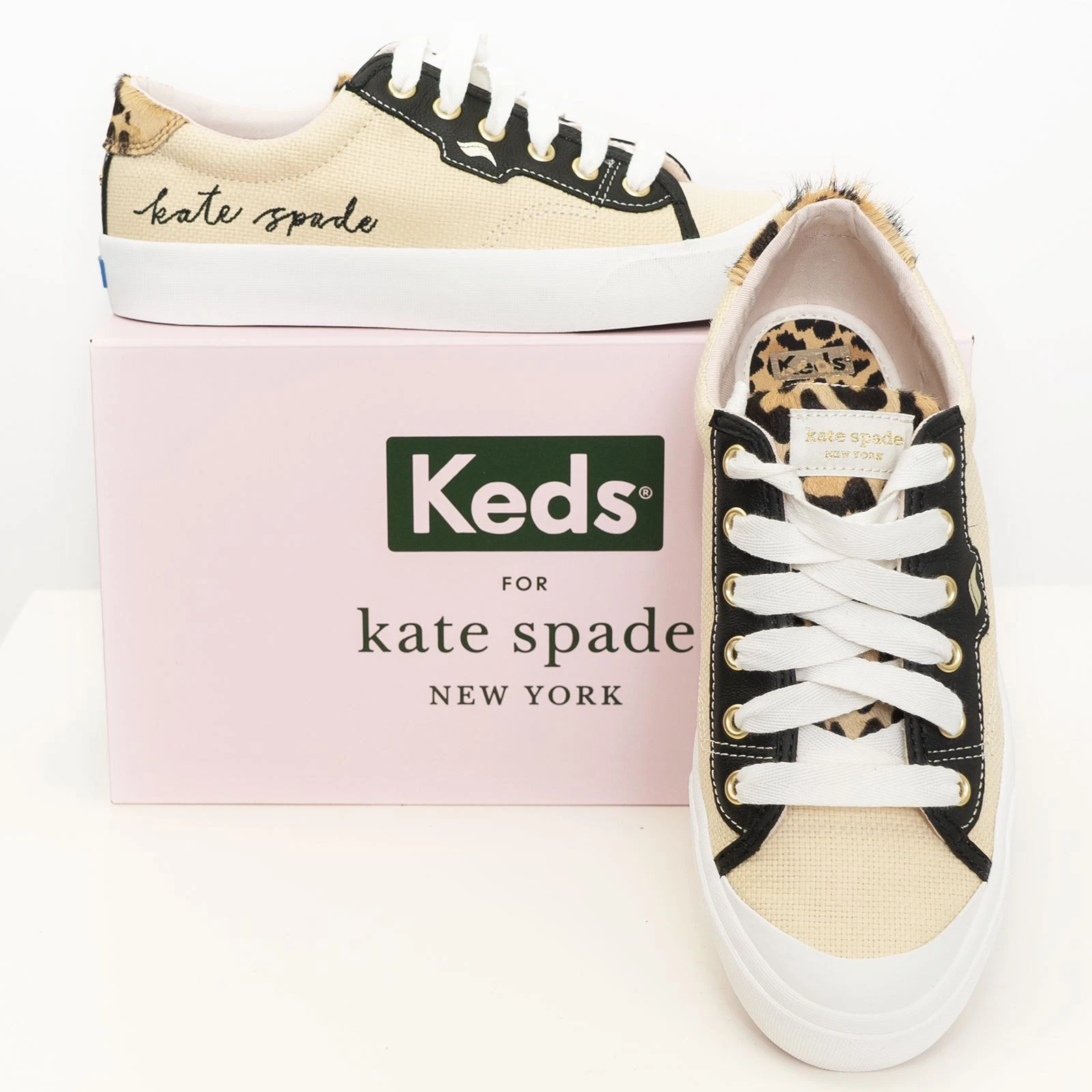 Keds Womens Trainers Kate Spade Tan Black Leather Leopard Print Size 3 3.5 4.5