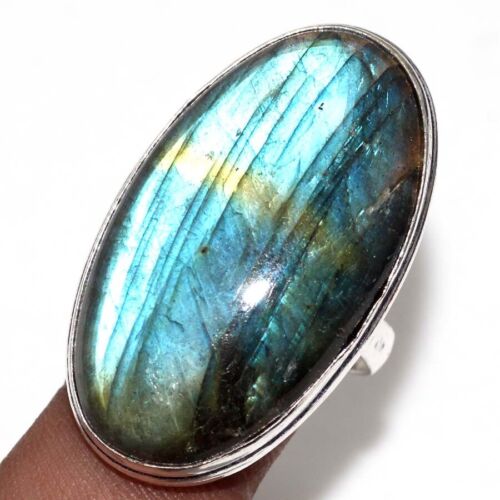 925 Silver Plated-Fiery Labradorite Ethnic Gemstone Ring Jewelry US Size-9.5 JW - Picture 1 of 3