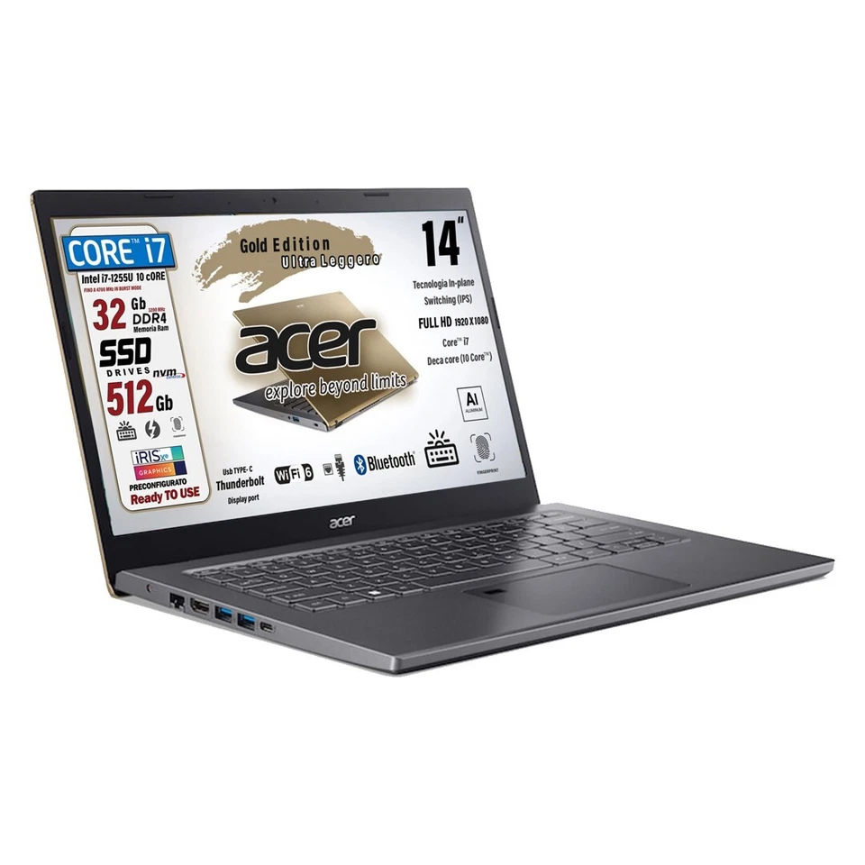 Acer Intel i7-1255U, Ram 32Gb, Nvme 512Gb, 14" FHD, Retro, Fing, Win11 Pro, Gold - Immagine 3 di 4