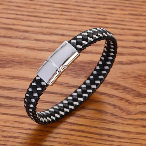 Men's Stainless Steel Clasp Braided Leather Bangle Fashion Handmade Bracelets - Picture 34 of 53