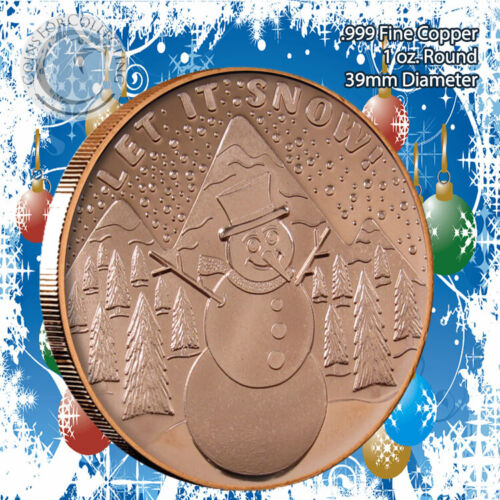 "Let It Snow!" Christmas Design 1oz .999 Copper round with Snowflake Back  - Picture 1 of 3