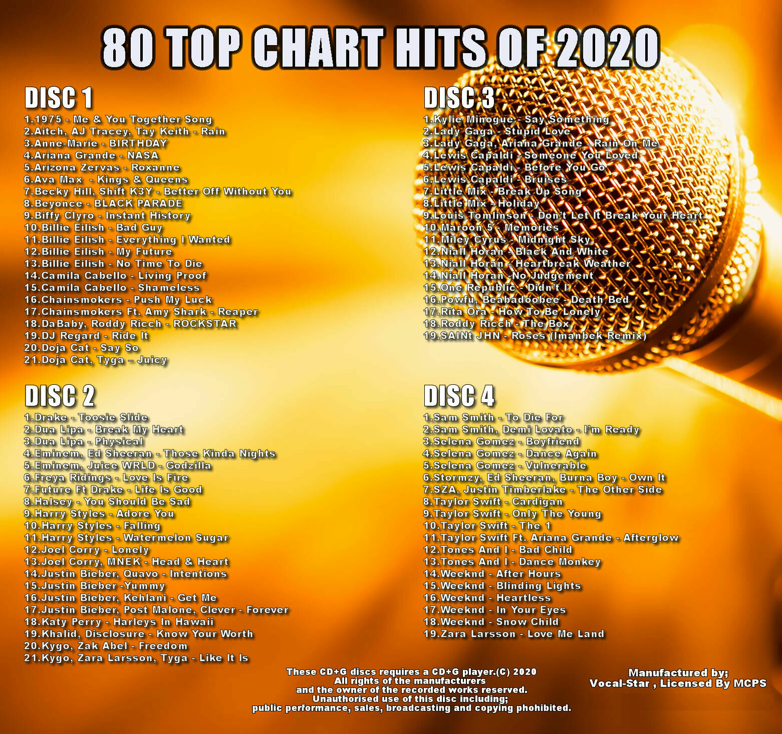 2020 Karaoke Pop Chart Hits 80 Songs Cd+G Disc Set VocalStar Best