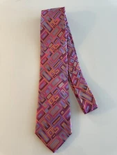 Steven Land Silk Tie. Pink w Blue Geometric 60” x 3.5”