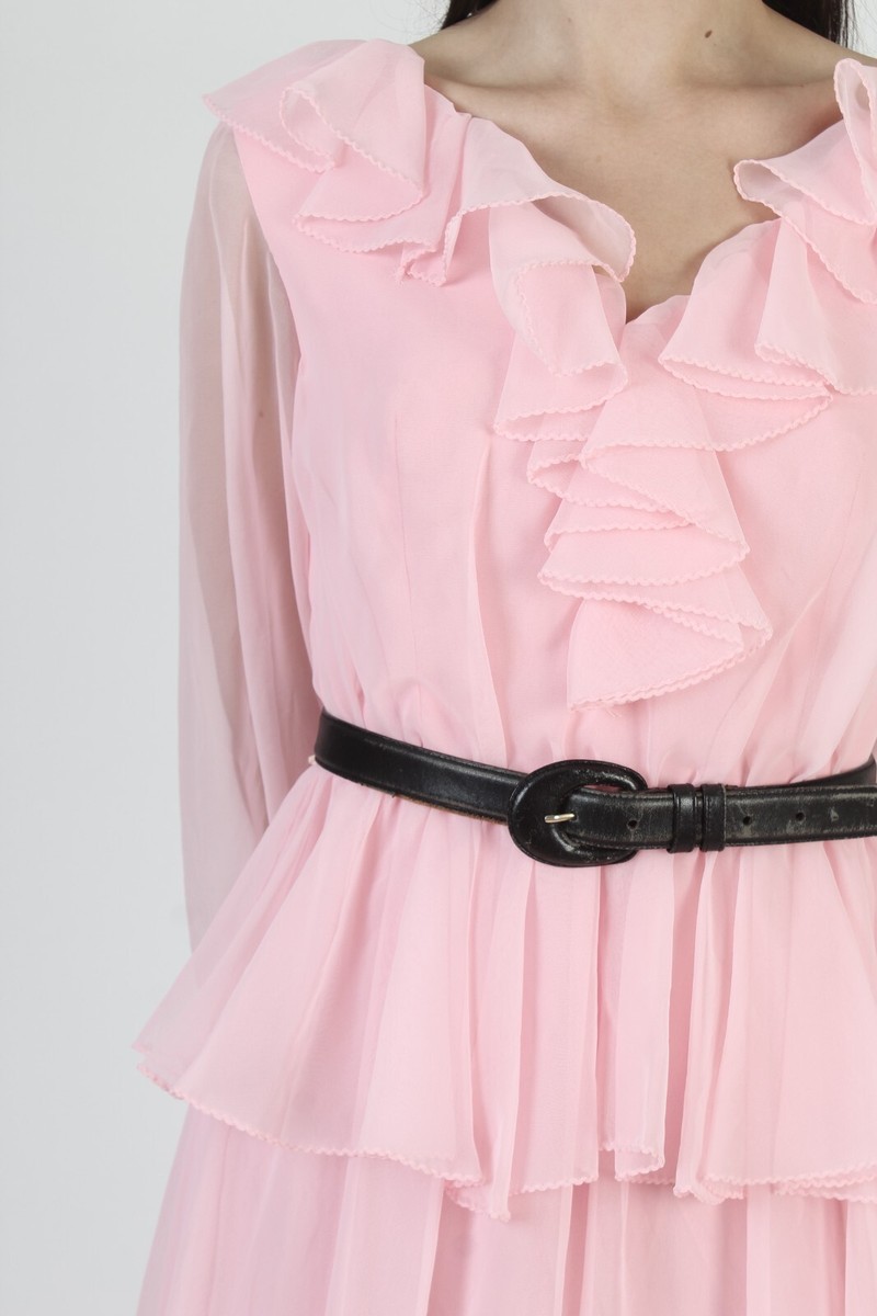 Vintage Cotton Candy Pink Chiffon Dress Sheer Slv Ruffle Party Peplum Maxi  Gown | eBay