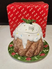 FITZ & FLOYD Plum Pudding 1993 Cookie Jar Christmas Holly Leaves - NEW IN BOX