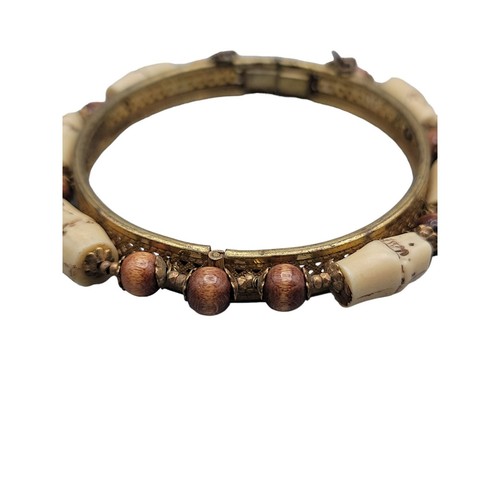 Miriam Haskell Hinged Clamper Bracelet Resin Bamboo Wood Beads Chain 6.5" Rare - Picture 10 of 14