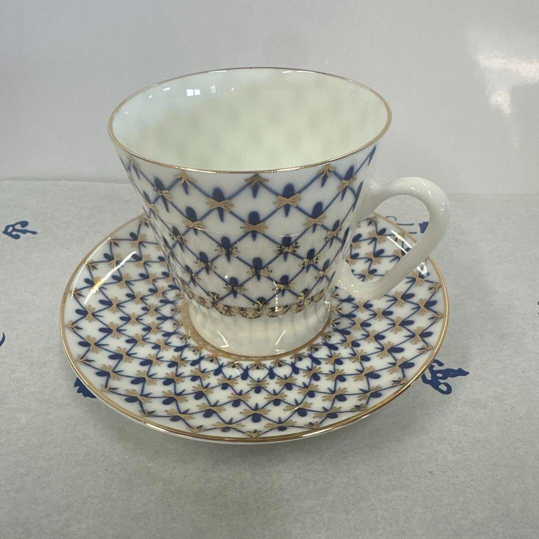 Imperial Porcelain Lomonosov Cobalt Net Demitasse Cup Saucer Set