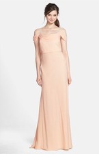 Jenny Yoo "Sabine"  Drop Shoulder Crepe de Chine Gown, Beige (Buff), Size 12