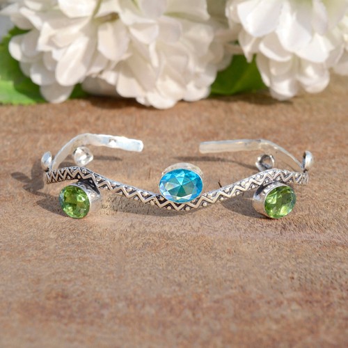Faceted Peridot & Blue Topaz Gemstone 925 Sterling Silver Cuff Bangle For Him - Picture 3 of 9