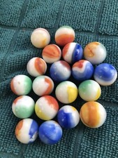 19 Mixed Color Marbles, Blue Orange Yellow Red Swirl