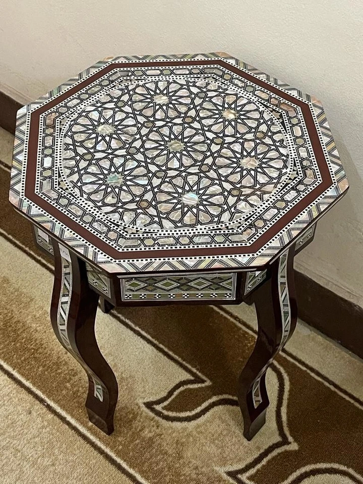 Wooden End Table with Pearl Inlay, Handmade Carvings, Home Decor - Image 2 of 4