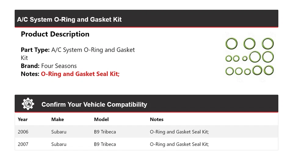 Kit de junta tórica y junta sistema de aire acondicionado Tribeca 2006-2007 4 estaciones Foto 2 de 4