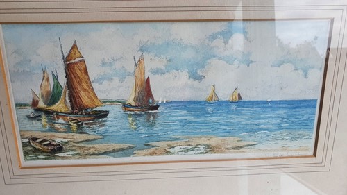 Fishing Boats Framed Print Aquatint Signed G Darfeuil Coloured Etching C 1920s