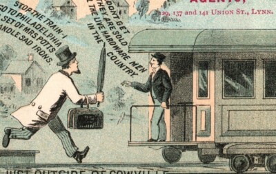 Mrs Potts Cold Handle Sad Iron Victorian Card - Scene Just Outside Of Cowville