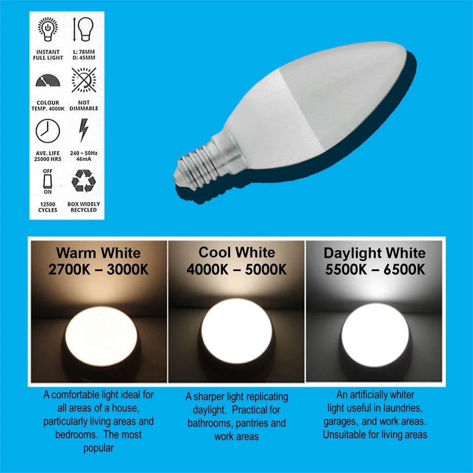 2x 6W (= 40W) LED Perla 4000K Blanco Frío Ses E14 Bombillas Tipo Vela Lámpara - Imagen 2 de 2