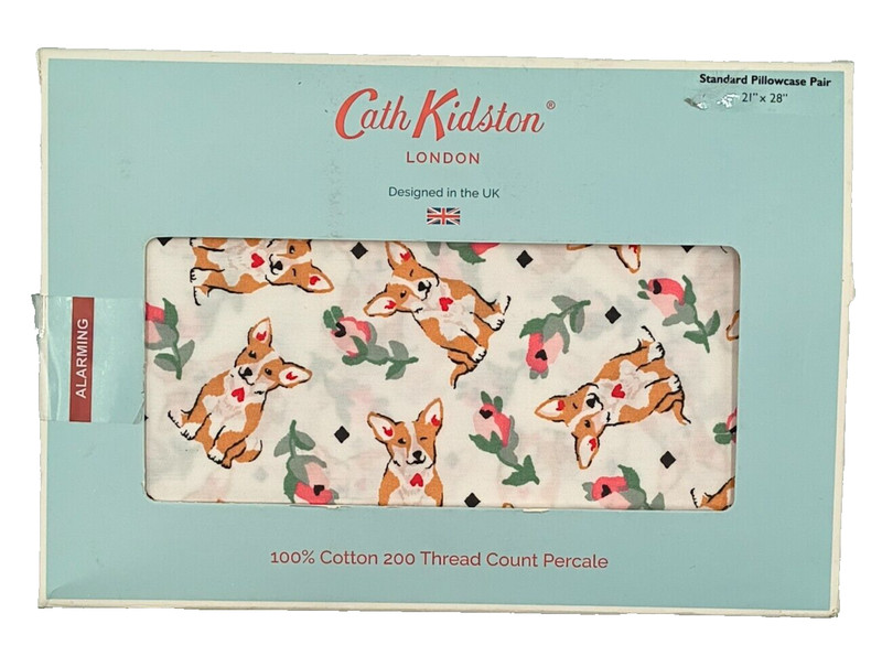 Cath Kidston UK Pair of Standard Pillowcases - CORGI Dog Multi-Color Print - NEW