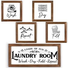 Laundry Room Wall Decor Set of 5 - Farmhouse Wood Signs with Wash Dry Fold Pu...