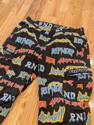 RIPNDIP Sz 34 Heavy Cotton Twill Cargo Pants Heavy Metal Spell Out Black AOP