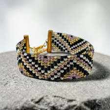 Handmade Peyote Stitch Beaded Cuff Bracelet - Gold, Mauve  Black Geometric Desi