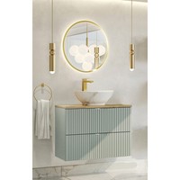 BadmöBel Set 80Cm Waschtisch Waschbecken Spiegel GrüN Und Eiche Modern