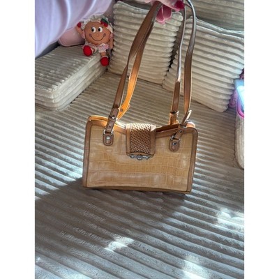 Marc Chantal Chic Tan Croc Embossed Shoulder Bag Woven Accent Top Zip Closure