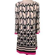 Eliza J. Geometric Print Pink Trim 3/4 Sleeve Shift Dress Size 4