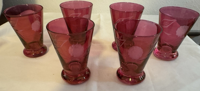 Set of 6  Vintage Bohemian Cranberry Red Glass Cut to Clear 3" Cordial Glasses