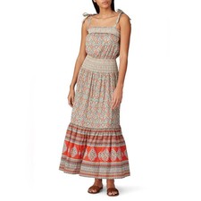 Tory Burch Floral Legacy Paisley Smocked Maxi Dress Tie Straps Red Multi Small