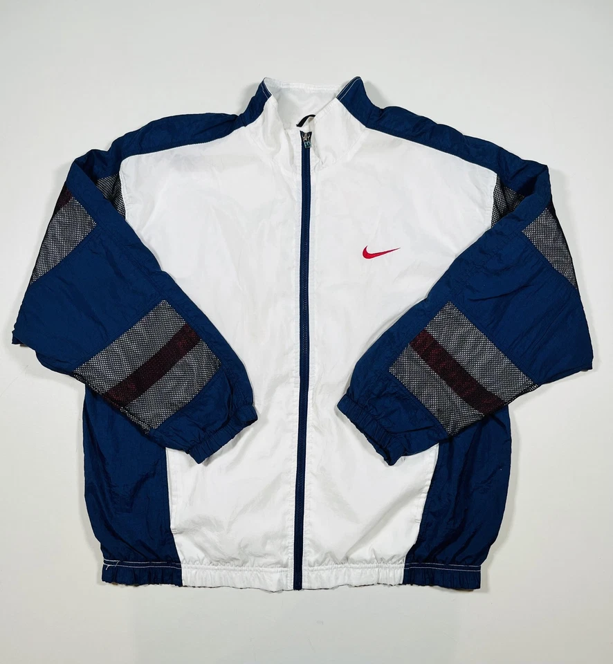 Jaqueta Nike Air Masculina Vintage Extra Grande Branca Azul Quebra-Vento Zíper Completo Anos 90 - Imagem 2 de 4