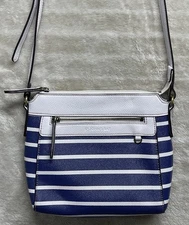 St John's Bay Faux Leather Blue Striped Adjustable Crossbody Bag Handbag Purse