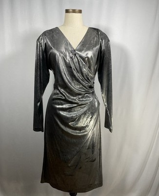 VTG 80s Party Dress Dancing Queen Distressed Metallic Lame Silver Slinky Sexy