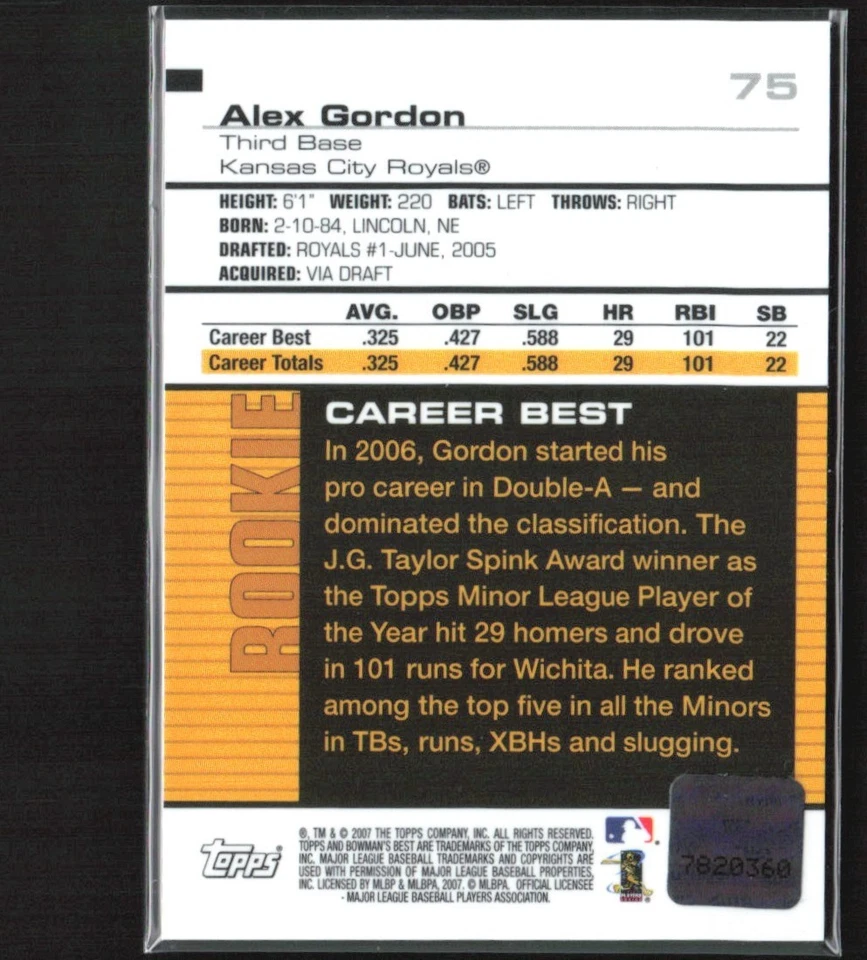 Alex Gordon 2007 Bowman's Best RC Auto #75 Kansas City Royals - Image 2 of 2