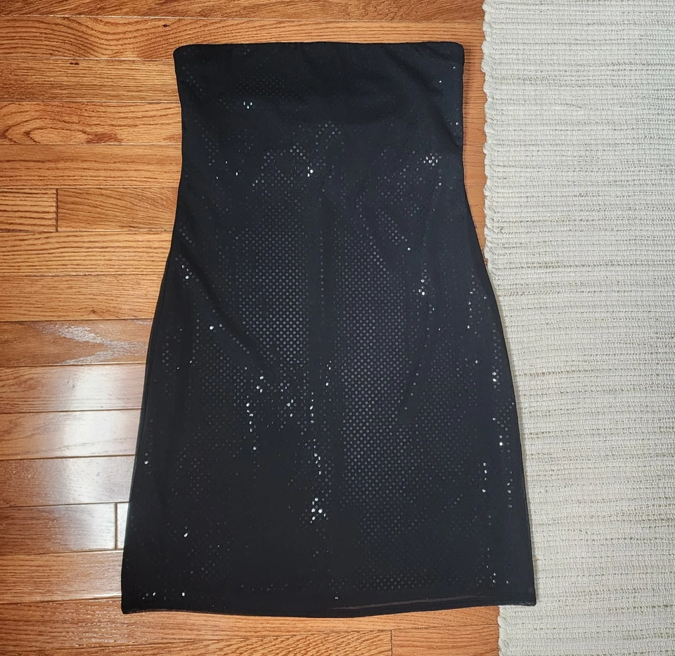 Mini Vestido Vintage Y2K Negro Lentejuelas Sin Tirantes Malla Superposición Fiesta Club 9/10 Foto 2 de 4