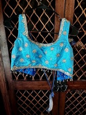 LASHKARAA NWT Choli  Top Only Aqua Blue Gold Beaded Gorgeous 30" Length = Small