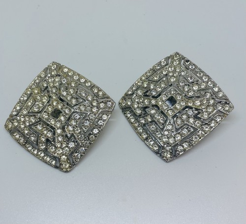 Mid Century Square Rhinestone Clip on Earrings Estate Find For Bride Prom Formal - Picture 5 of 9