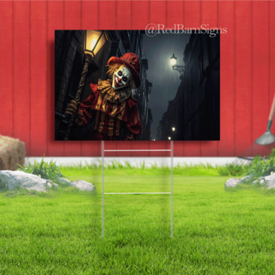 Creepy clown at night with lights Halloween  yard sign