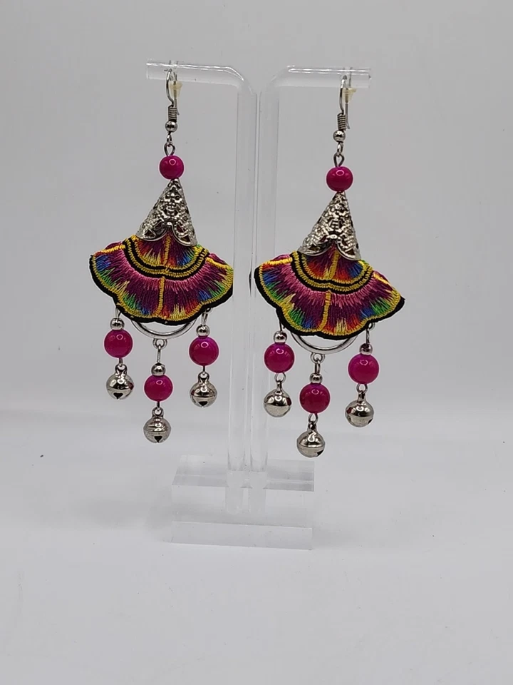Colorful Pierced Earrings 3.5" Wires Embroidered Acrylic Belly Dance Gypsy Boho - Image 4 of 4