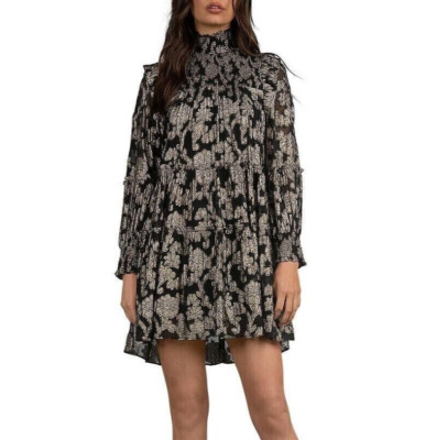 Elan Women's L Metallic Mock Neck Mini Dress Black Gold zip cotton lined floral