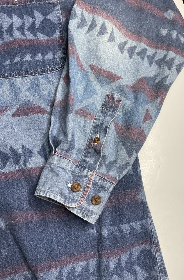 Jansport Button Up Long sleeve Shirt Denim Aztec Y2K 90s AllOver Cotton Sz M Vtg - Image 4 of 4