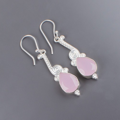 Boucles D'oreilles Dormeuses En Calcédoine Rose Et Perles - Pierres Naturelles - Neuf Avec étiquettes