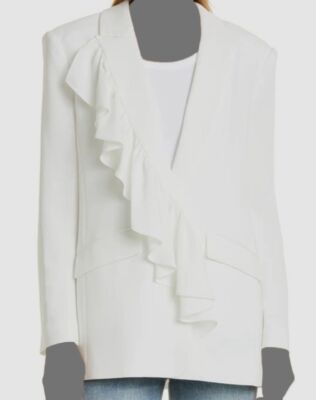 $525 Cinq à Sept Women's Ivory Peak Lapel Ruffle Margo Blazer Coat Jacket Size 2