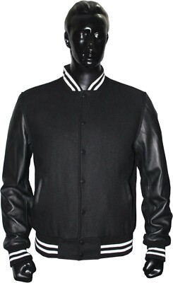 Varsity Bomber Jacket Black Wool Black Real Leather sleeves Rib Black & White 