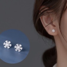 Silver Snowflake Earrings-S925 Small Studs/Tiny Xmas Snow Flaker Stud White Snow