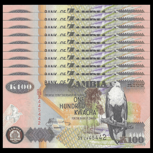 Zambia 100 Kwacha, 2006-2009, Pick#38, lot of 10 pcs, UNC - Picture 1 of 2