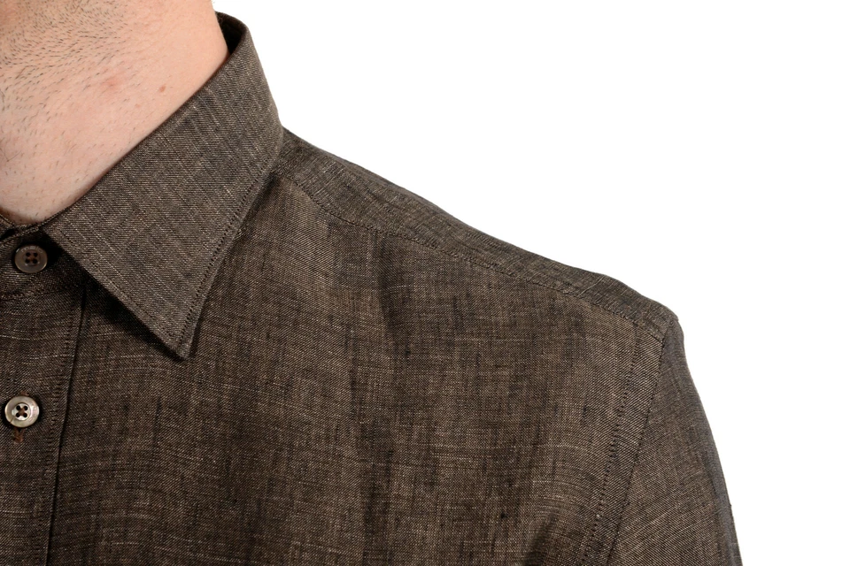 Camisa de vestir para hombre Malo marrón 100 % lino manga corta abotonada talla 15,75 16 Foto 4 de 4