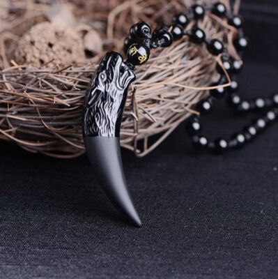 Natural black Obsidian Crystal Wolf Tooth Necklace pendant bead