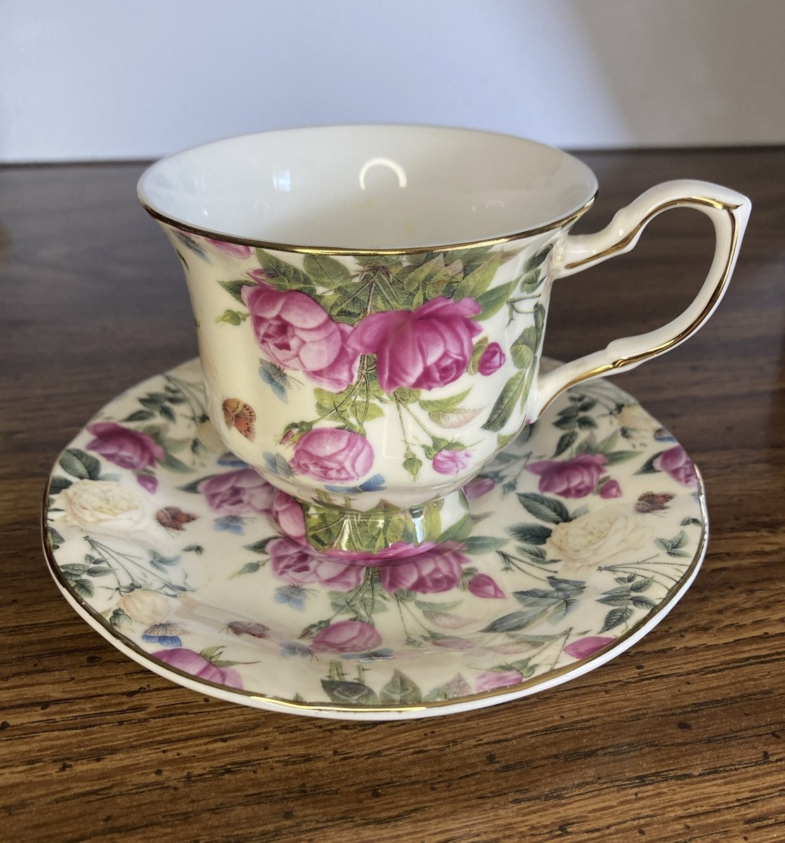 Gracie China by Coastline Imports Tea Cup and Saucer Set Rose Chintz  W/Goldtrim