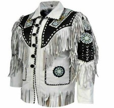 Men's Traditional Native Cowboy Western Suede Leather Jacket Fringe Bone  Beads