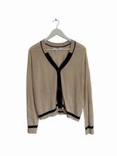 Next Beige Knitted Cardigan Black Trim Light Weight V Neck Size M 12 14