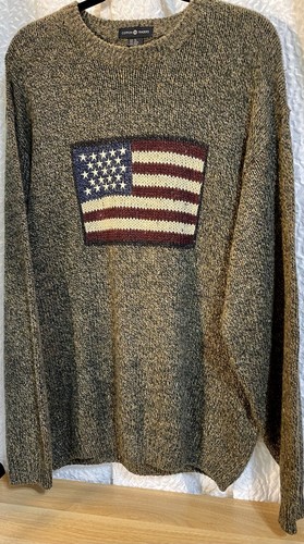 Vintage Cotton Traders🇺🇸Sweater Men XL Brown USA American Flag Heavy EUC Wool - Picture 19 of 24